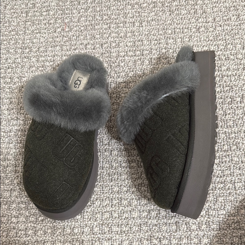 Women Ugg Disquette Slippers Slipper Shoes Felt Logo Dark Green Grey Platform 6